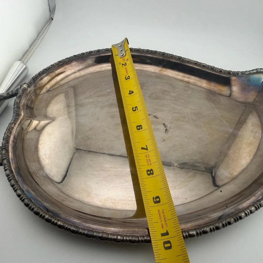 LE Silver Plated Teardrop Leaf Serving Tray Beaded Rim Handle